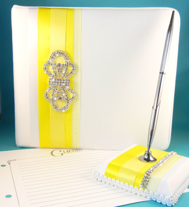 Satin Guest Book w/Yellow Ribbons & Brooch